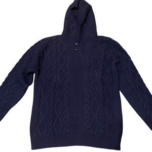 Bolivares Chunky Knit 100% Wool Hooded Pullover Sweater Navy Size L Cozy Cabin